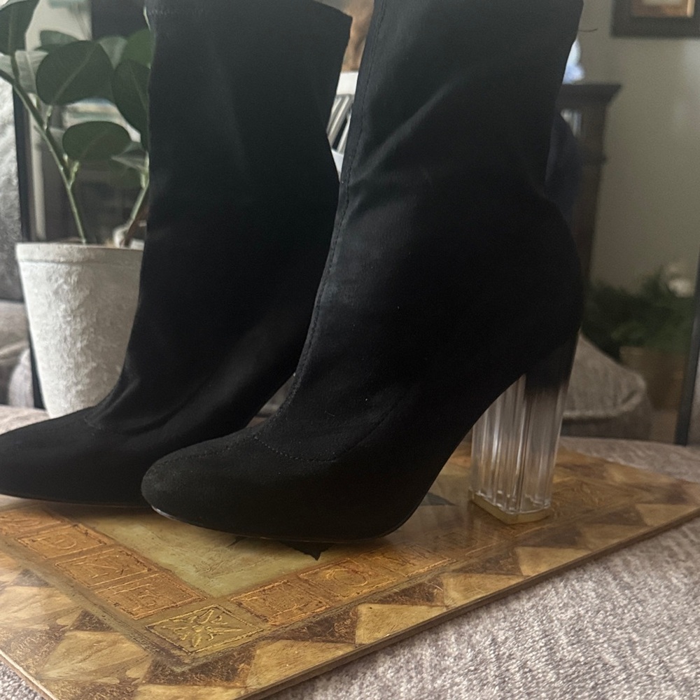 Boohoo Black Suede Ankle Boots with Clear Block Heel